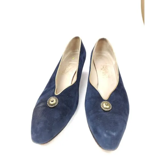 Salvatore Ferragamo Made in Italy Blue Suede Slip On 2&quot; Heel Pumps Shoes 10 AA
