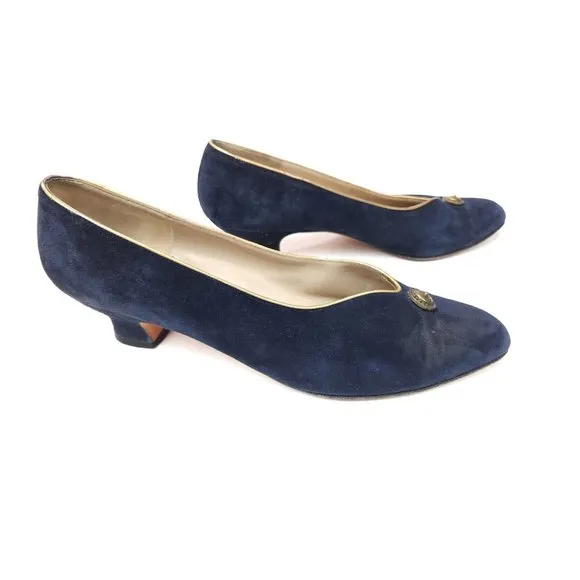 Salvatore Ferragamo Made in Italy Blue Suede Slip On 2&quot; Heel Pumps Shoes 10 AA