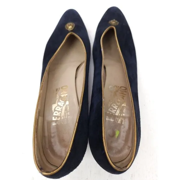Salvatore Ferragamo Made in Italy Blue Suede Slip On 2&quot; Heel Pumps Shoes 10 AA