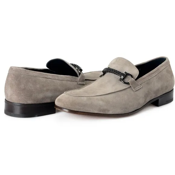 SALVATORE FERRAGAMO Men's Cross Gray Suede Leather Loafers Slip On Shoes-size 9