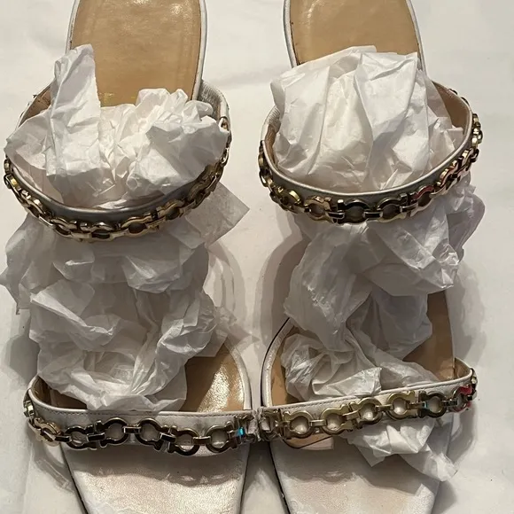 Salvatore Ferragamo Open Toe Slip on Jeweled High Ankle Sz 8 2A Women Sandals