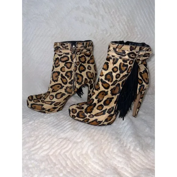 Sam Edelman Keegan Leopard Print Fringe Booties – Size‎ 9.5, Real Dyed Calf Hair