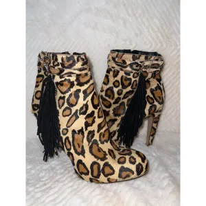 Sam Edelman Keegan Leopard Print Fringe Booties – Size‎ 9.5, Real Dyed Calf Hair