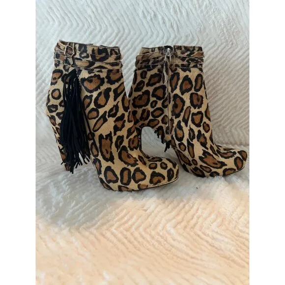 Sam Edelman Keegan Leopard Print Fringe Booties – Size‎ 9.5, Real Dyed Calf Hair