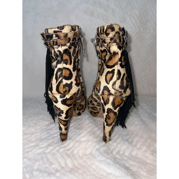 Sam Edelman Keegan Leopard Print Fringe Booties – Size‎ 9.5, Real Dyed Calf Hair