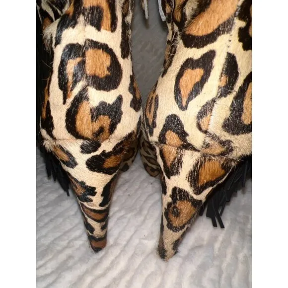 Sam Edelman Keegan Leopard Print Fringe Booties – Size‎ 9.5, Real Dyed Calf Hair