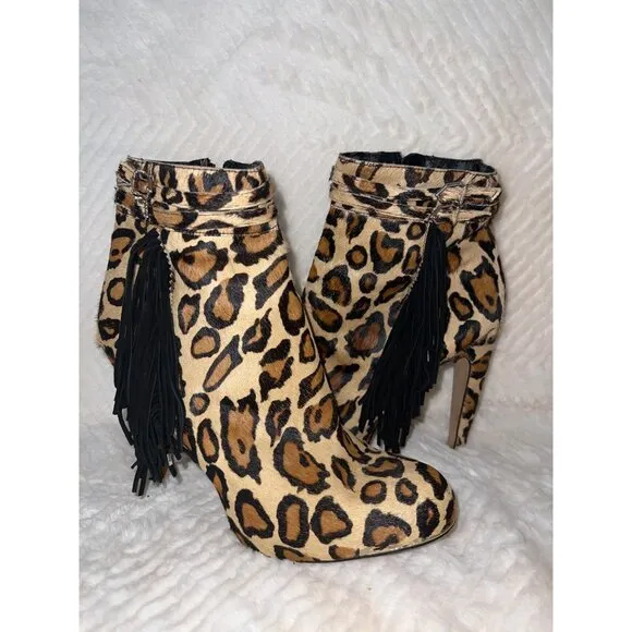 Sam Edelman Keegan Leopard Print Fringe Booties – Size‎ 9.5, Real Dyed Calf Hair