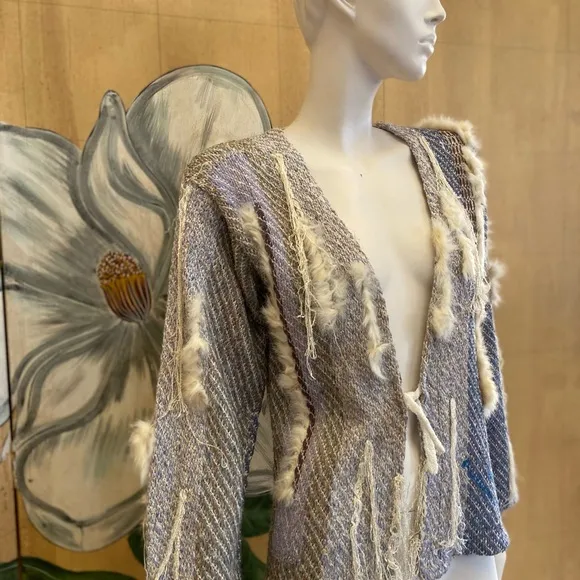 Sani Rubenstein vintage blue silk sweater cardigan   fur Made in England 1970’s