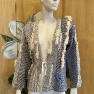 Sani Rubenstein vintage blue silk sweater cardigan   fur Made in England 1970’s