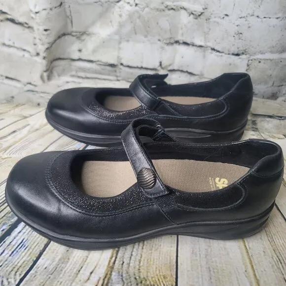SAS Shoes Ladies 10.5 M Step Out Mary Jane Walking Black Sparkle Hook &amp; Loop