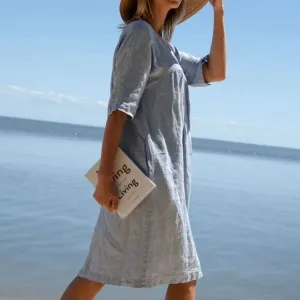 Sauths Light Blue Linen Kyoto Midi Dress Women 2XL Lagenlook Relaxed Oversized