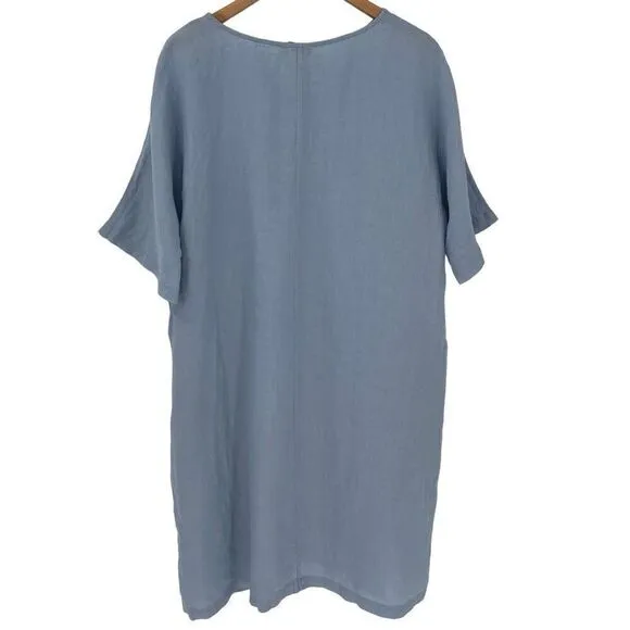Sauths Light Blue Linen Kyoto Midi Dress Women 2XL Lagenlook Relaxed Oversized