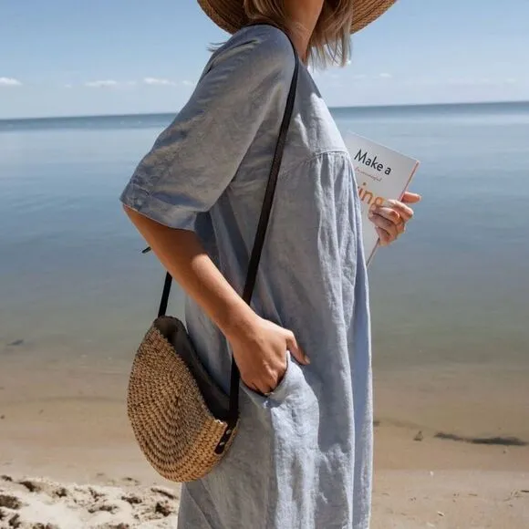 Sauths Light Blue Linen Kyoto Midi Dress Women 2XL Lagenlook Relaxed Oversized