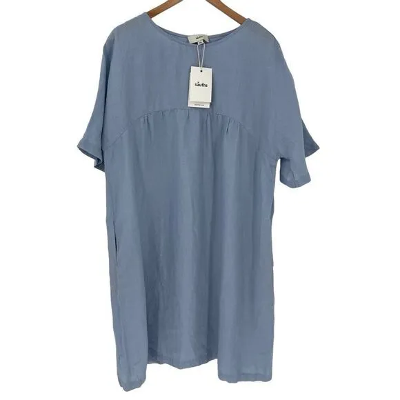 Sauths Light Blue Linen Kyoto Midi Dress Women 2XL Lagenlook Relaxed Oversized