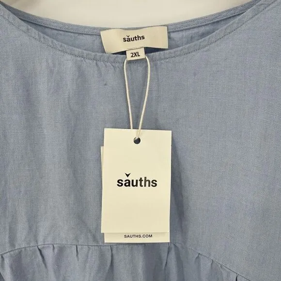 Sauths Light Blue Linen Kyoto Midi Dress Women 2XL Lagenlook Relaxed Oversized