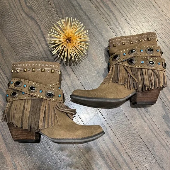 Sbicca Women's Verse Boot Khaki Suede Leather Fringe Cowboy Western Size 7