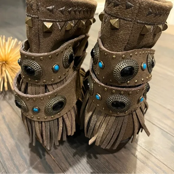 Sbicca Women's Verse Boot Khaki Suede Leather Fringe Cowboy Western Size 7