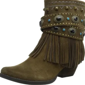 Sbicca Women's Verse Boot Khaki Suede Leather Fringe Cowboy Western Size 7