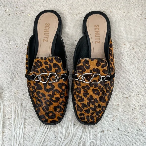 Schutz Mules Brown/Tan Cheetah Print Calf Hair Fur Slip On Dress Shoes 6