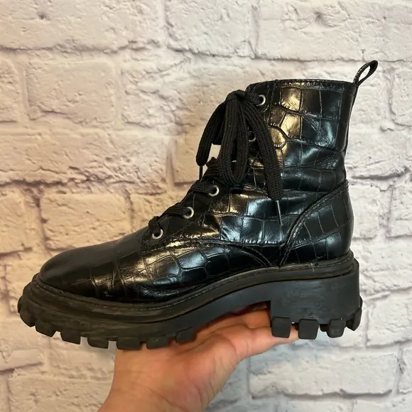 Schutz Orly Black Croc Embossed moto boots Size 7