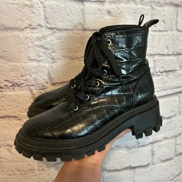 Schutz Orly Black Croc Embossed moto boots Size 7
