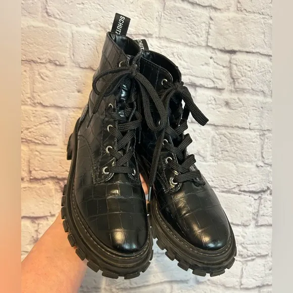 Schutz Orly Black Croc Embossed moto boots Size 7