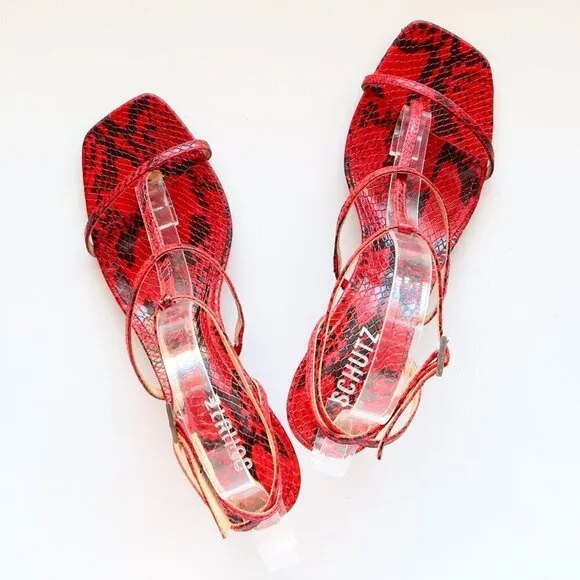 SCHUTZ Red Black Snakeskin Strappy Open Square Toe  Heeled Sandals Summer Shoes