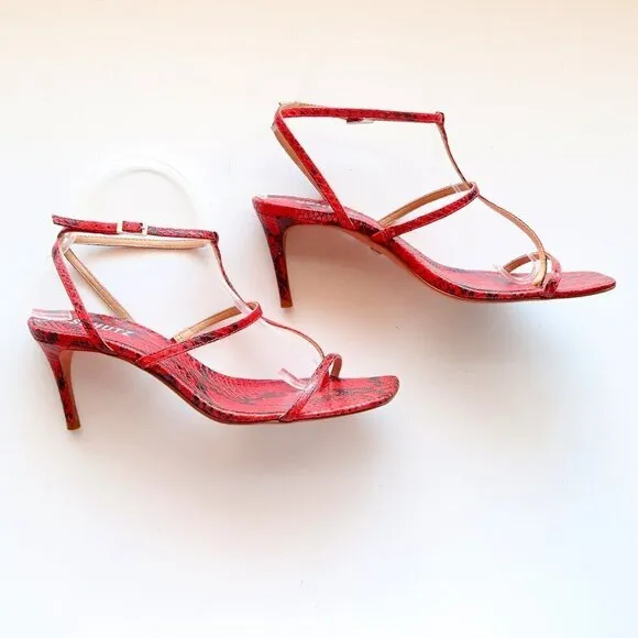 SCHUTZ Red Black Snakeskin Strappy Open Square Toe  Heeled Sandals Summer Shoes