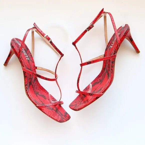 SCHUTZ Red Black Snakeskin Strappy Open Square Toe  Heeled Sandals Summer Shoes