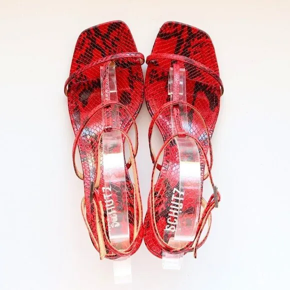 SCHUTZ Red Black Snakeskin Strappy Open Square Toe  Heeled Sandals Summer Shoes