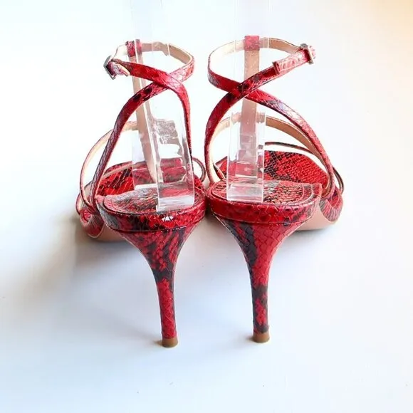 SCHUTZ Red Black Snakeskin Strappy Open Square Toe  Heeled Sandals Summer Shoes