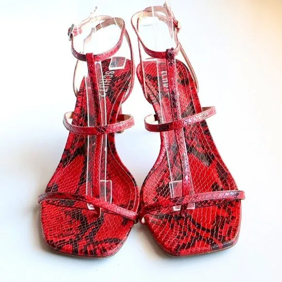 SCHUTZ Red Black Snakeskin Strappy Open Square Toe  Heeled Sandals Summer Shoes