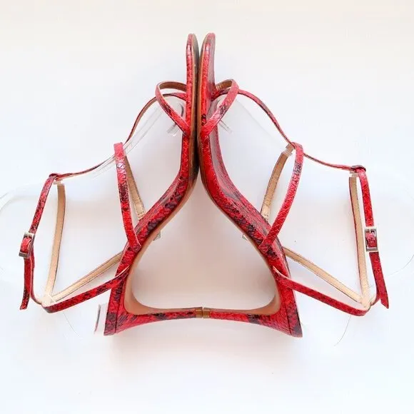 SCHUTZ Red Black Snakeskin Strappy Open Square Toe  Heeled Sandals Summer Shoes