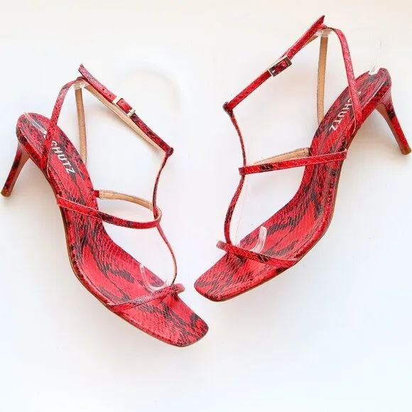 SCHUTZ Red Black Snakeskin Strappy Open Square Toe  Heeled Sandals Summer Shoes