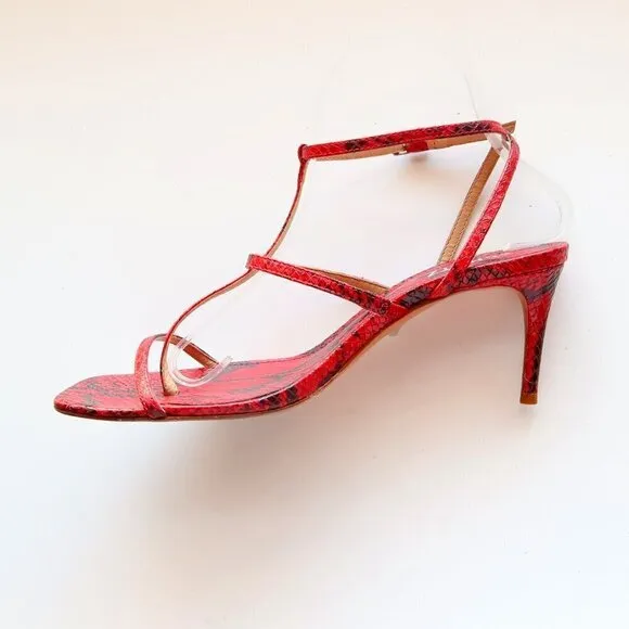 SCHUTZ Red Black Snakeskin Strappy Open Square Toe  Heeled Sandals Summer Shoes