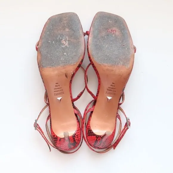SCHUTZ Red Black Snakeskin Strappy Open Square Toe  Heeled Sandals Summer Shoes