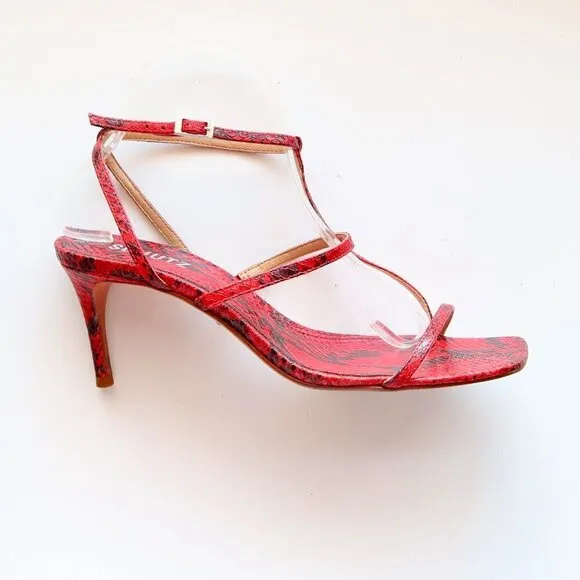 SCHUTZ Red Black Snakeskin Strappy Open Square Toe  Heeled Sandals Summer Shoes
