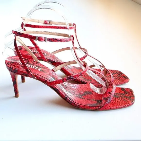SCHUTZ Red Black Snakeskin Strappy Open Square Toe  Heeled Sandals Summer Shoes