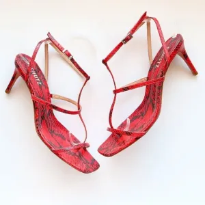 SCHUTZ Red Black Snakeskin Strappy Open Square Toe  Heeled Sandals Summer Shoes