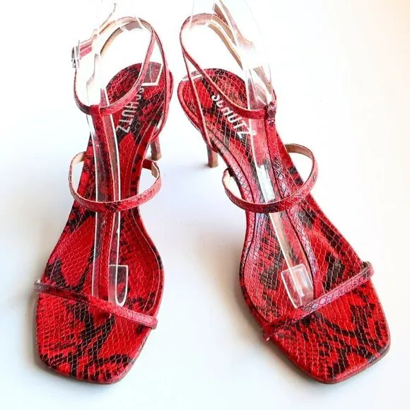 SCHUTZ Red Black Snakeskin Strappy Open Square Toe  Heeled Sandals Summer Shoes