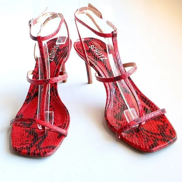 SCHUTZ Red Black Snakeskin Strappy Open Square Toe  Heeled Sandals Summer Shoes