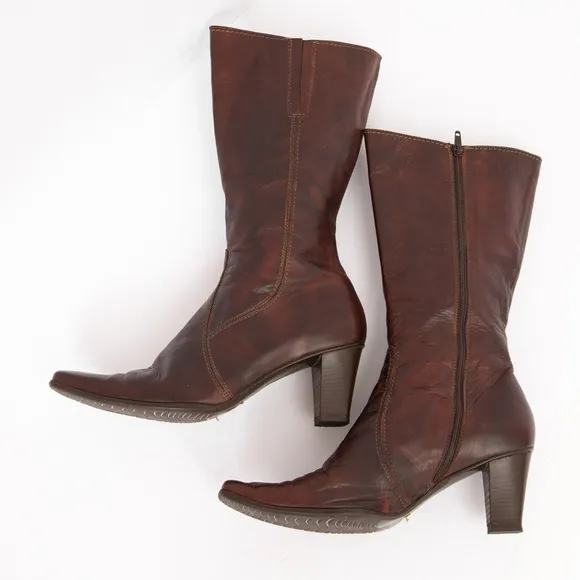 Sesto Meucci Italian made distressed brown leather square toe heeled boot 11W