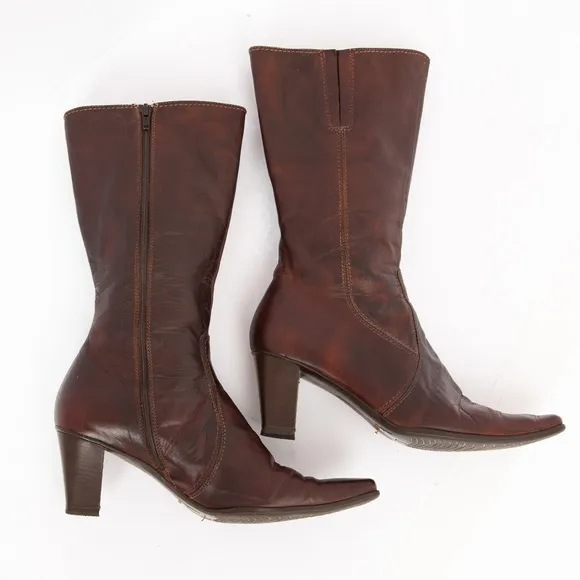 Sesto Meucci Italian made distressed brown leather square toe heeled boot 11W