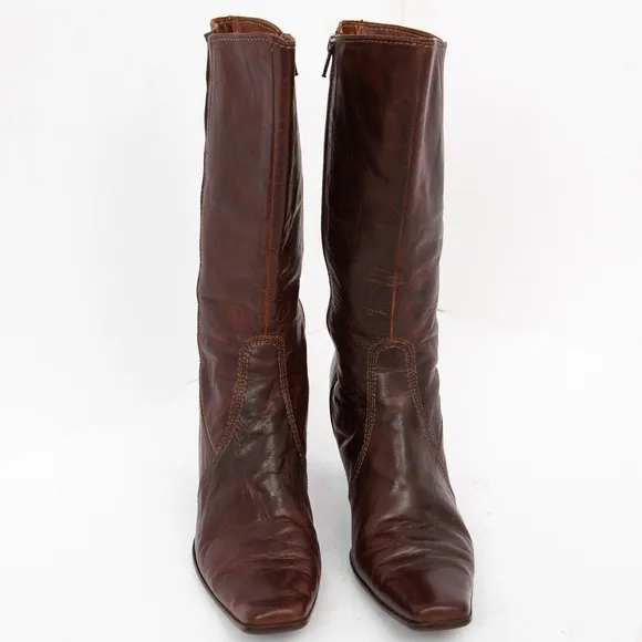Sesto Meucci Italian made distressed brown leather square toe heeled boot 11W