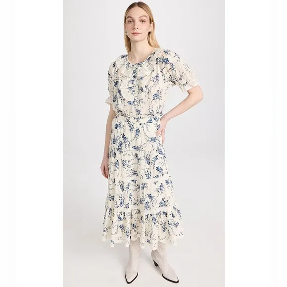 SET The Great The Bishop Top &amp; Lace Inset Flounce Skirt Blue Jasmine Floral Sz M