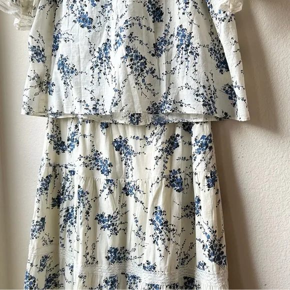 SET The Great The Bishop Top &amp; Lace Inset Flounce Skirt Blue Jasmine Floral Sz M