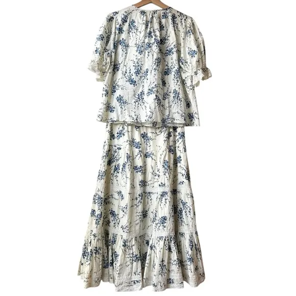 SET The Great The Bishop Top &amp; Lace Inset Flounce Skirt Blue Jasmine Floral Sz M
