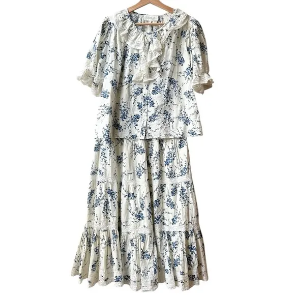 SET The Great The Bishop Top &amp; Lace Inset Flounce Skirt Blue Jasmine Floral Sz M