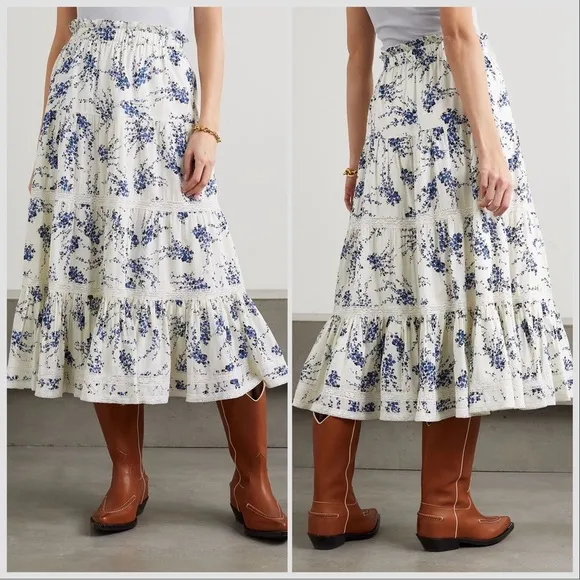 SET The Great The Bishop Top &amp; Lace Inset Flounce Skirt Blue Jasmine Floral Sz M