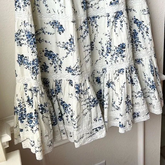 SET The Great The Bishop Top &amp; Lace Inset Flounce Skirt Blue Jasmine Floral Sz M